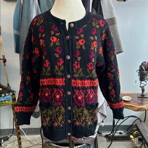 Vintage hand Loomed in Ireland Floral Black Cardigan Cottage Core